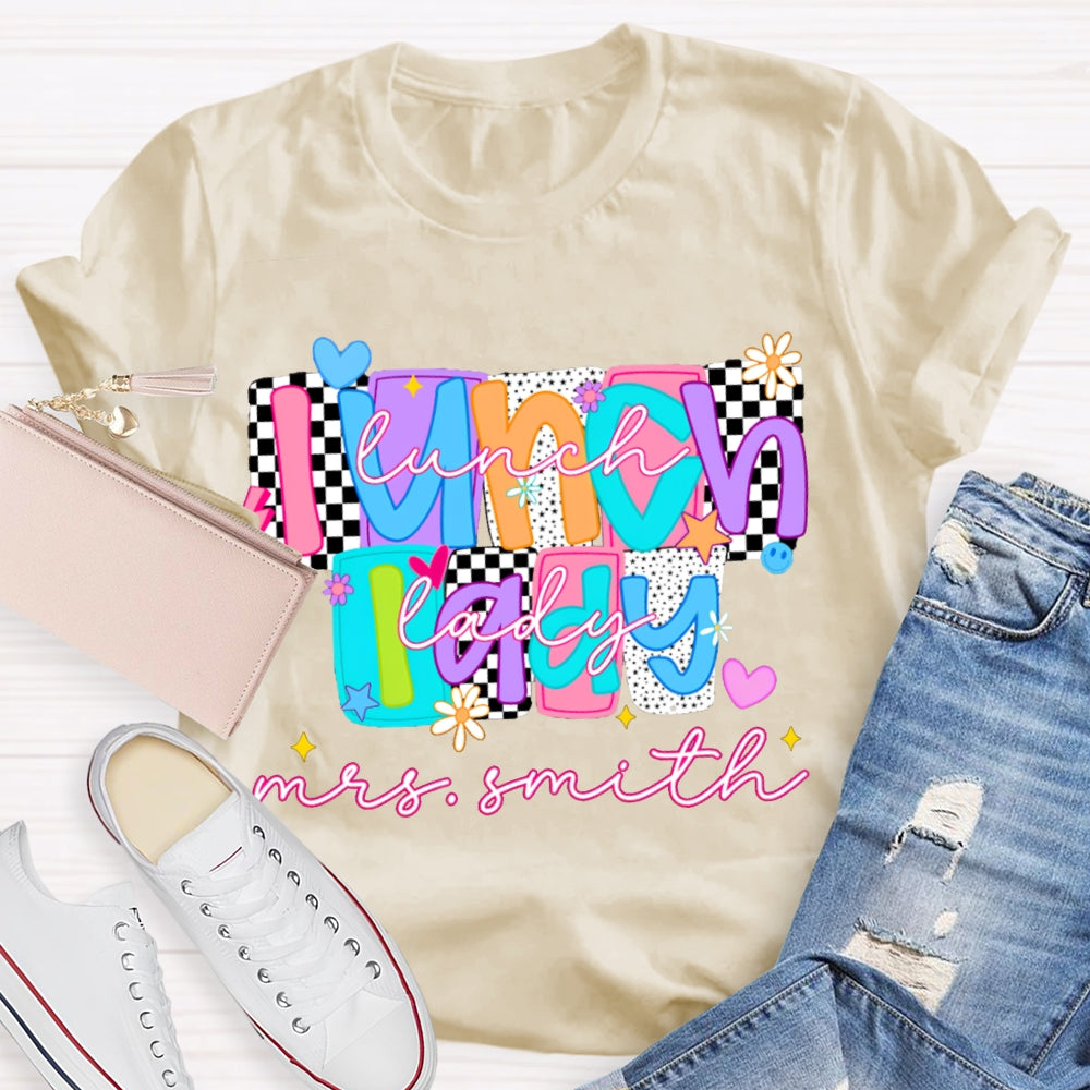 Personalized Name Lunch Lady Tiled Color Fonts T-shirt