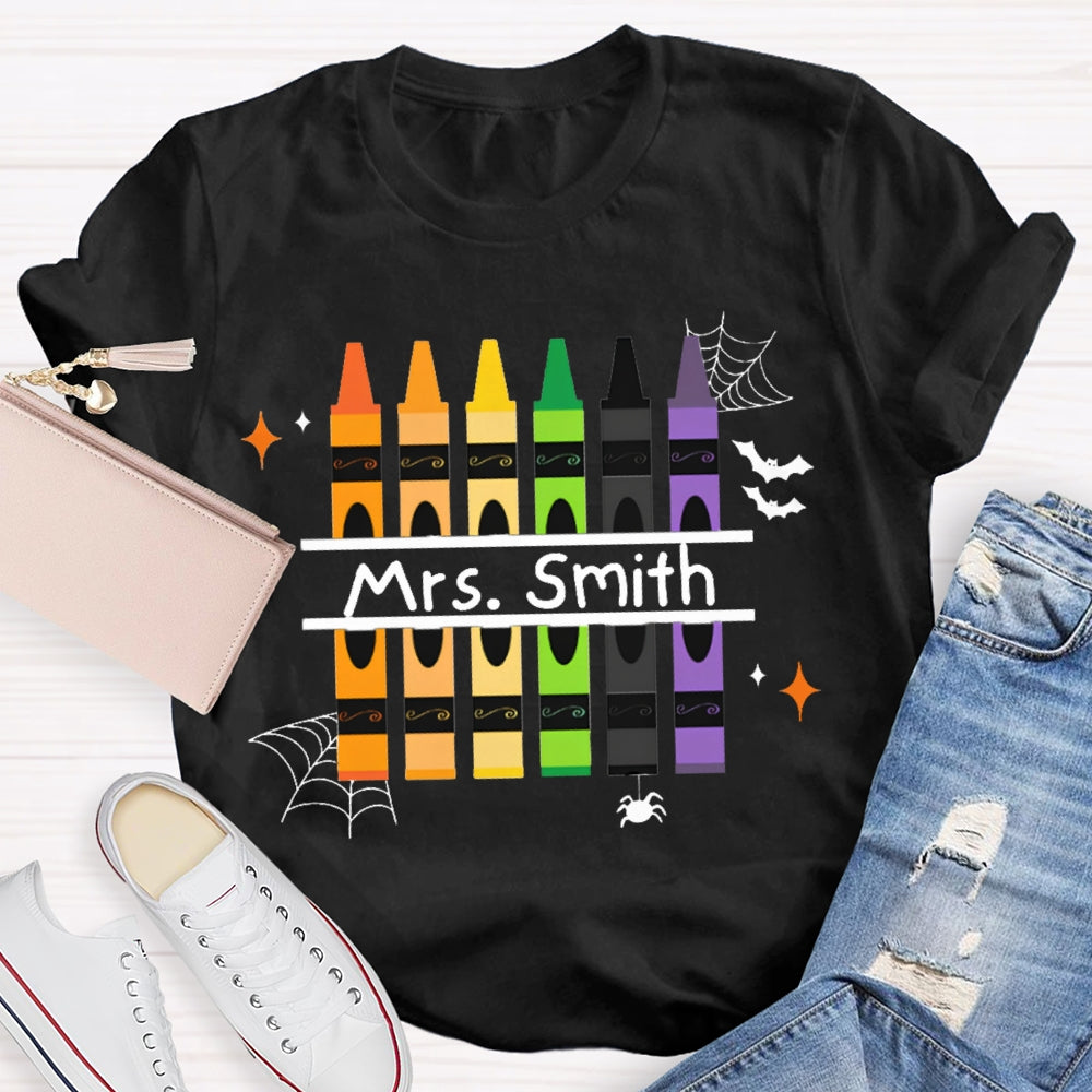 Personalized Name Colored Crayons And Spiders Halloween T-shirt