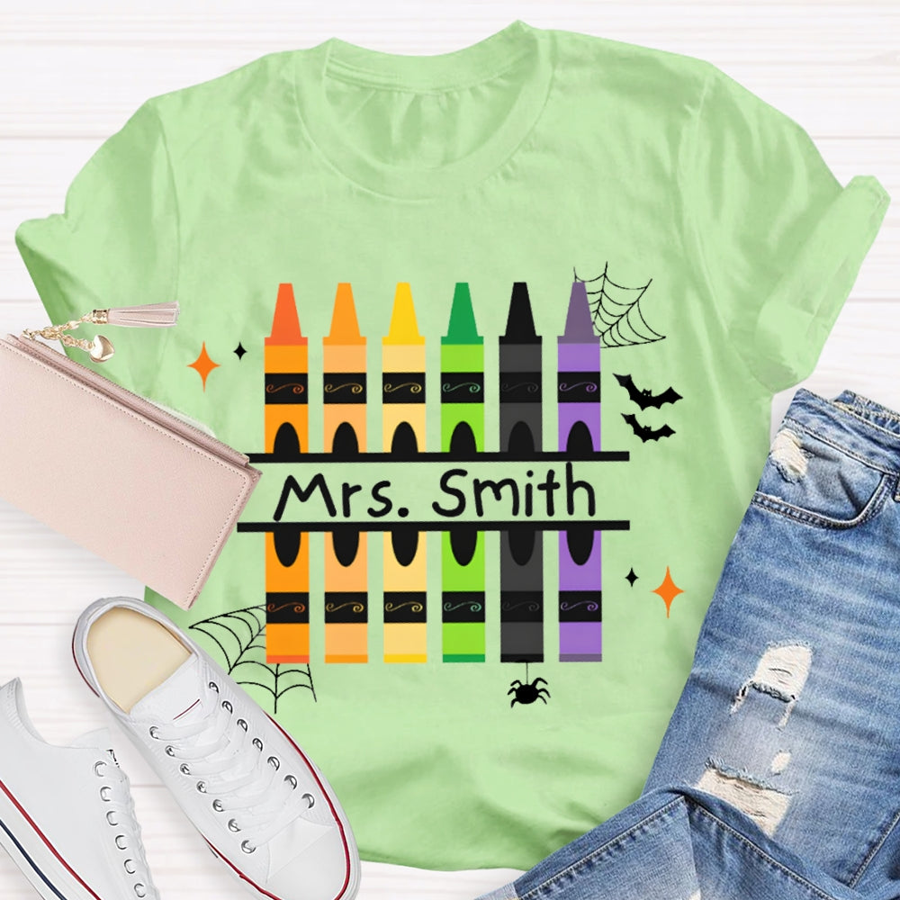 Personalized Name Colored Crayons And Spiders Halloween T-shirt
