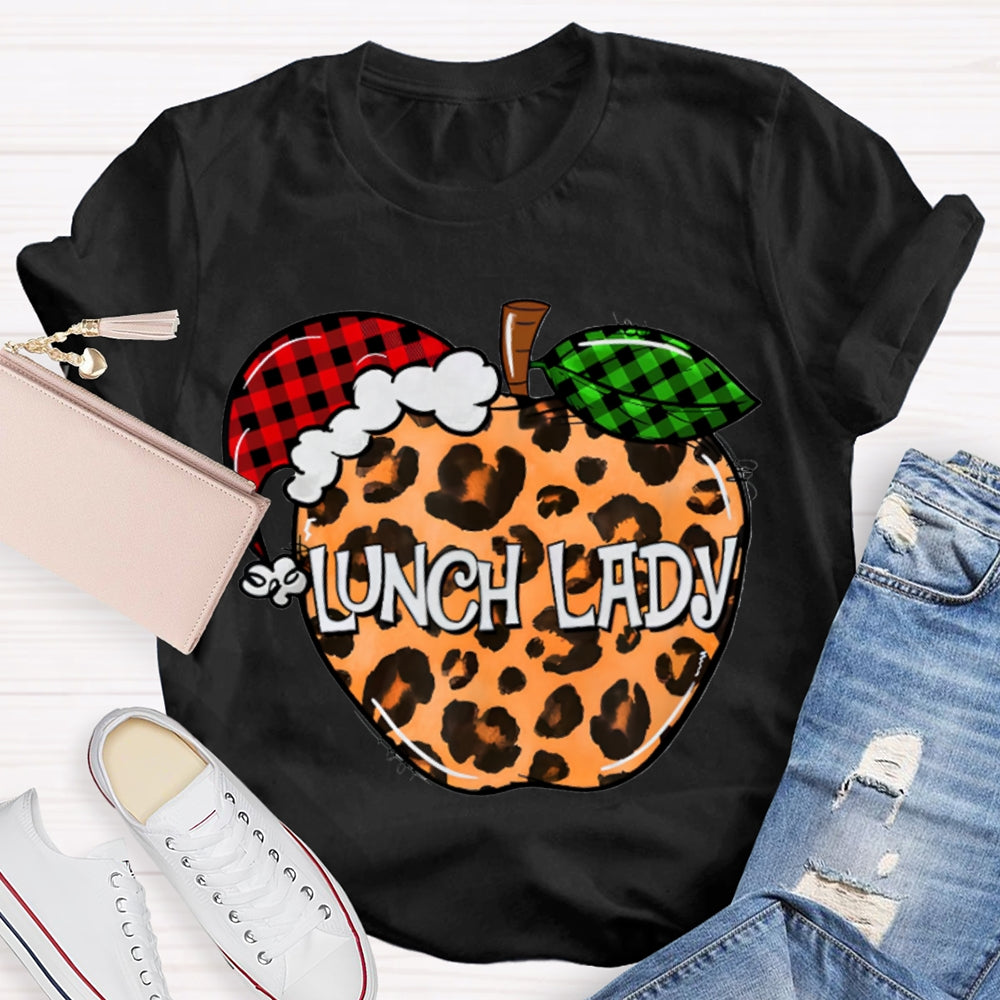 Lunch Lady Leopard Print Apple And Santa Hat T-shirt