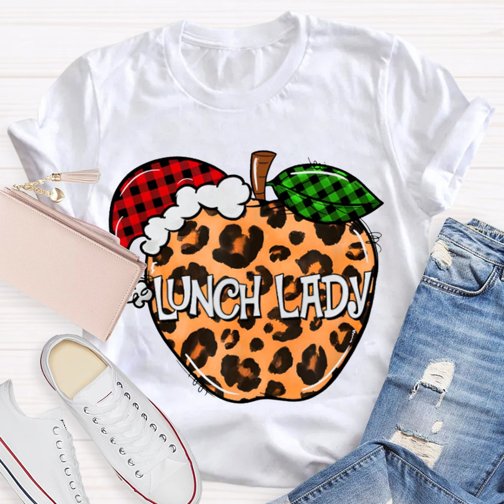 Lunch Lady Leopard Print Apple And Santa Hat T-shirt