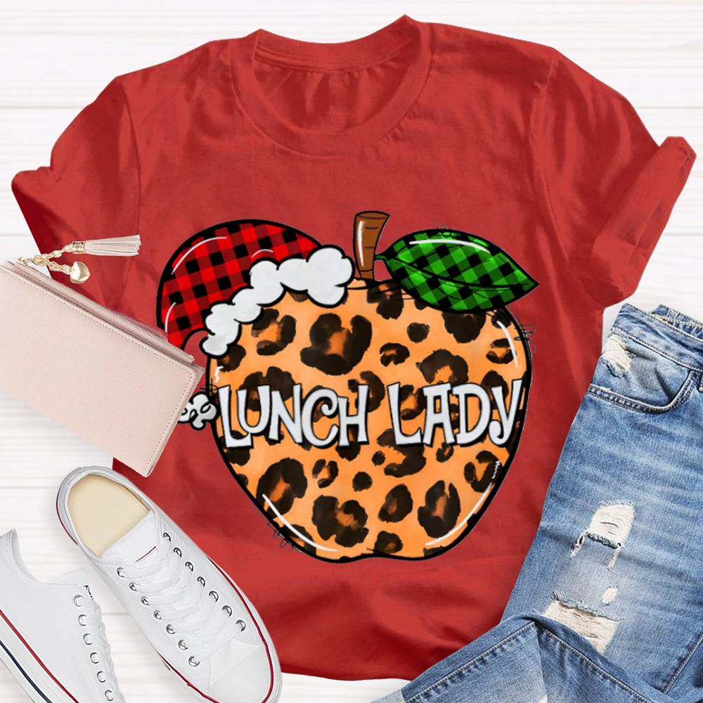 Lunch Lady Leopard Print Apple And Santa Hat T-shirt