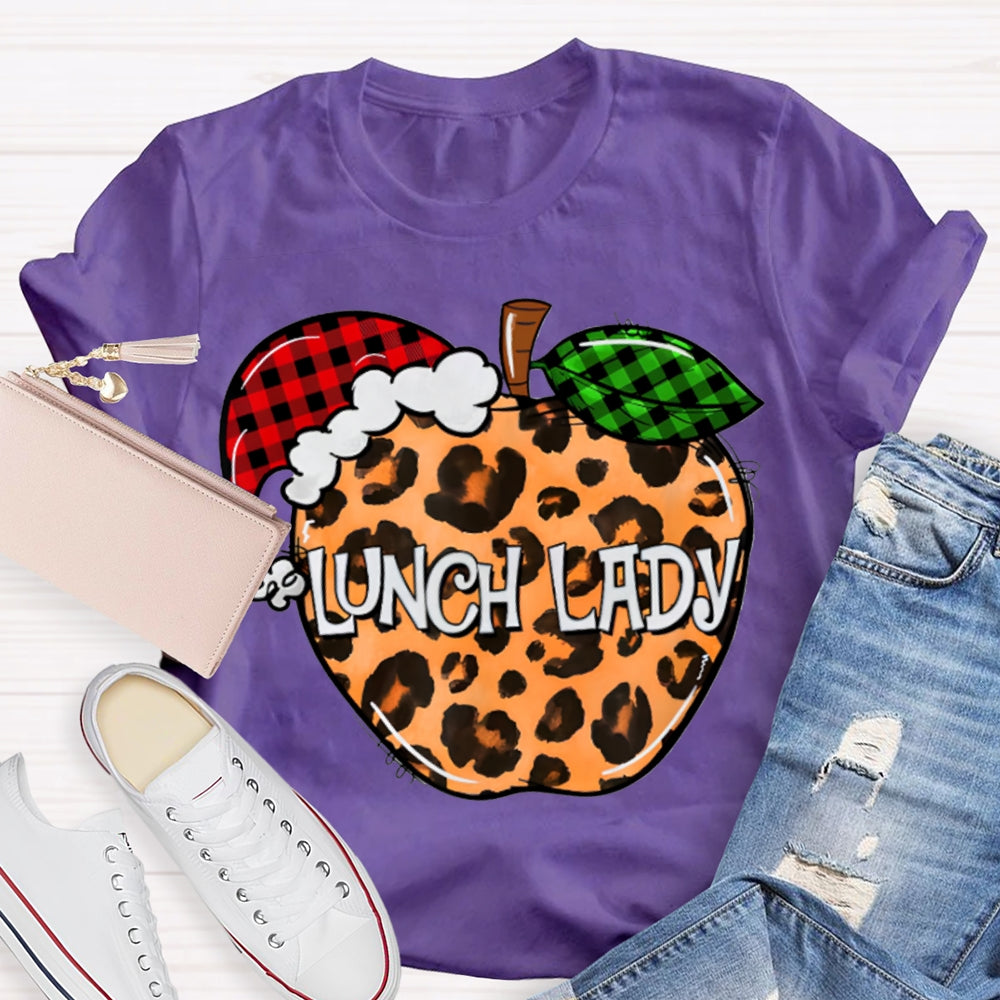 Lunch Lady Leopard Print Apple And Santa Hat T-shirt