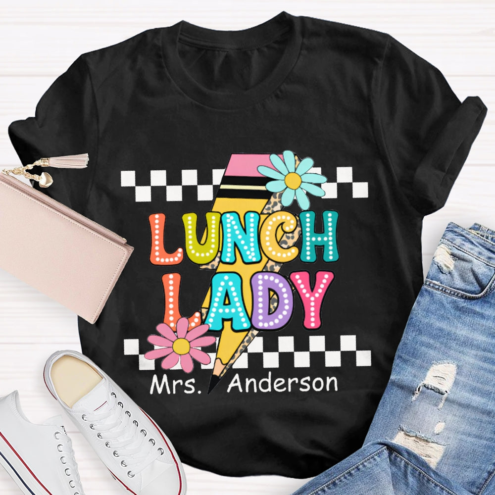 Personalized Name Lunch Lady Small Flower And Lightning Print T-shirt