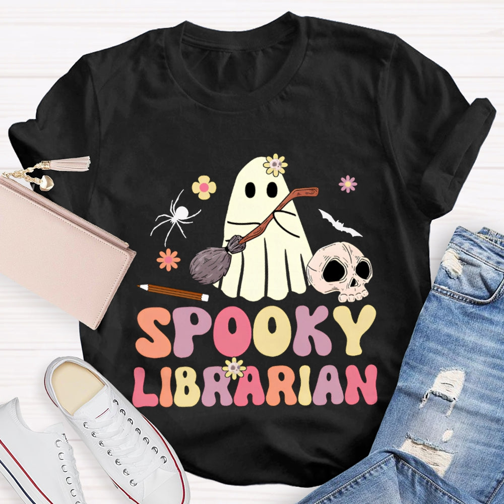 Spooky Librarian Cute Ghost Holding A Mop Halloween T-shirt