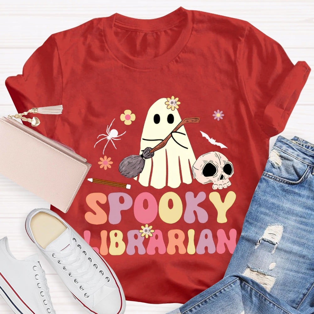 Spooky Librarian Cute Ghost Holding A Mop Halloween T-shirt