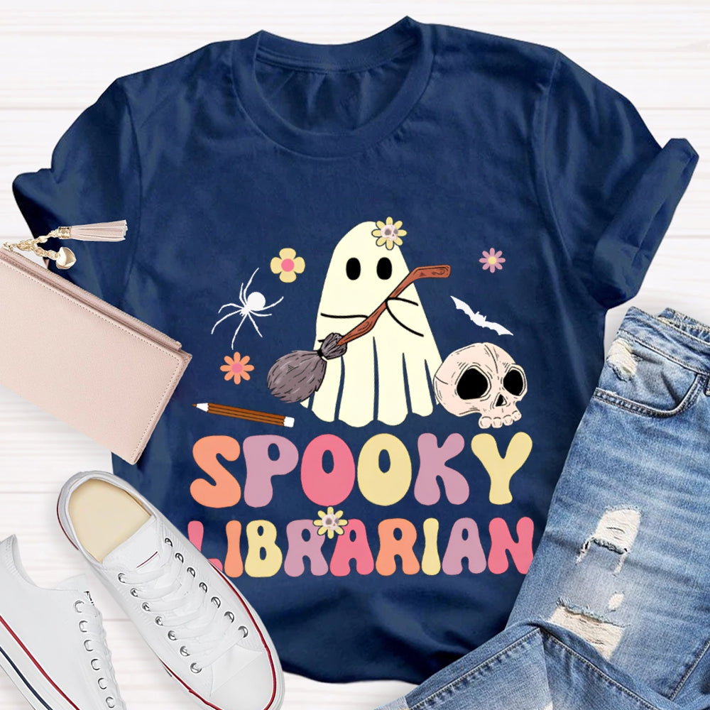 Spooky Librarian Cute Ghost Holding A Mop Halloween T-shirt