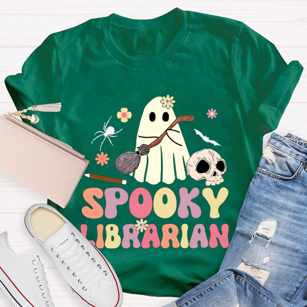 Spooky Librarian Cute Ghost Holding A Mop Halloween T-shirt