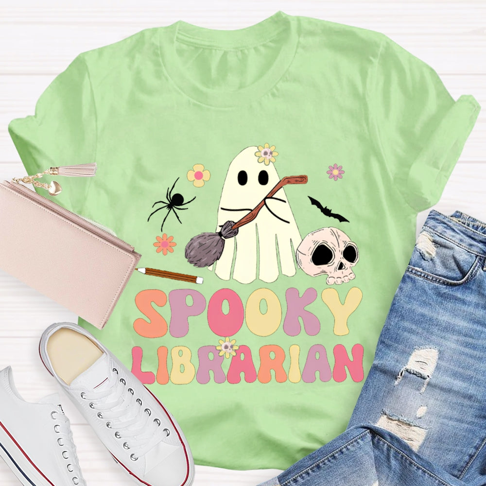 Spooky Librarian Cute Ghost Holding A Mop Halloween T-shirt