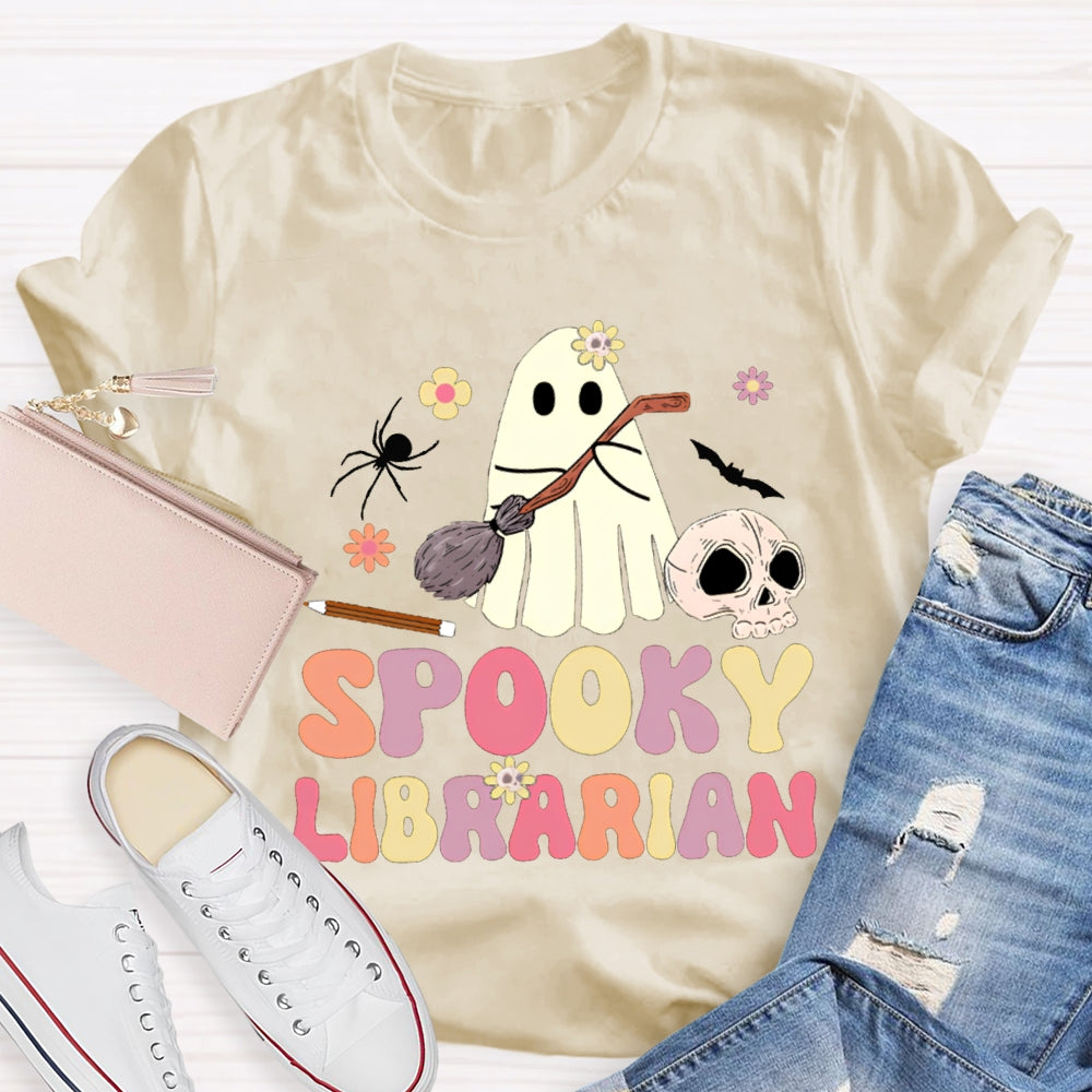 Spooky Librarian Cute Ghost Holding A Mop Halloween T-shirt