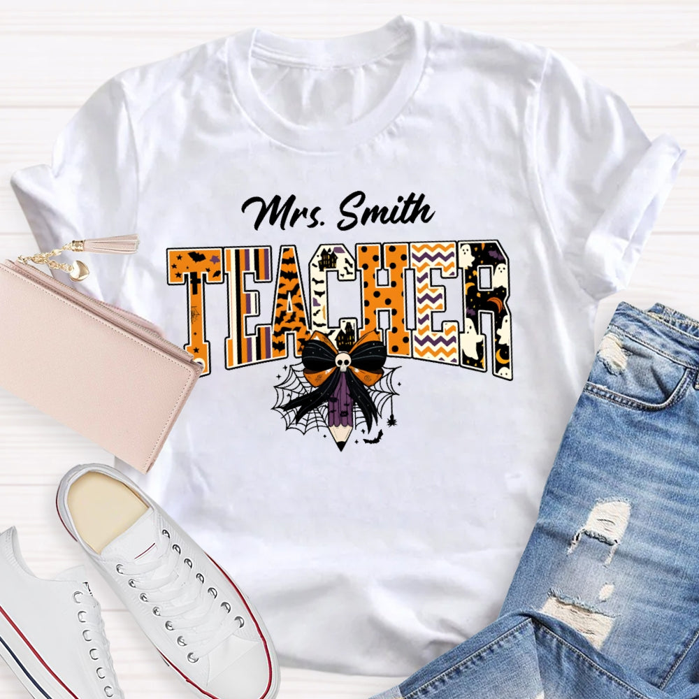 Personalized Name Teacher Halloween Bow Tie Pencil T-shirt