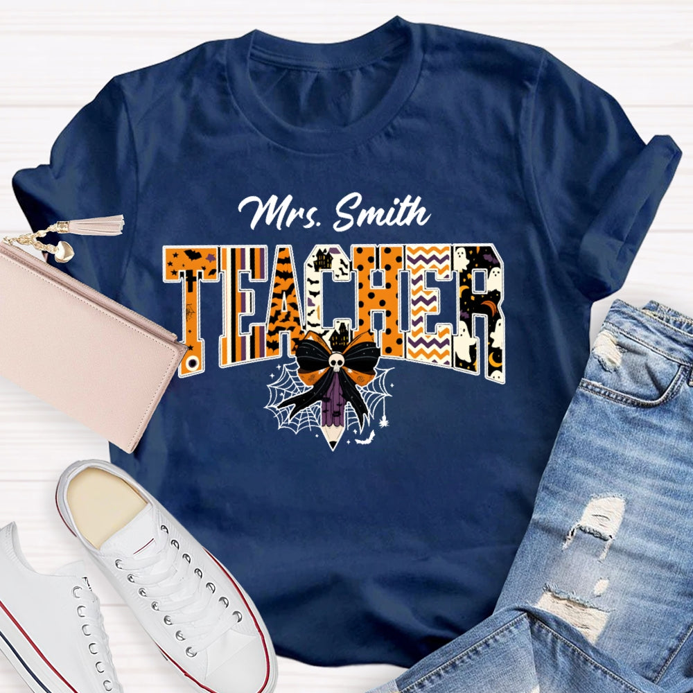 Personalized Name Teacher Halloween Bow Tie Pencil T-shirt