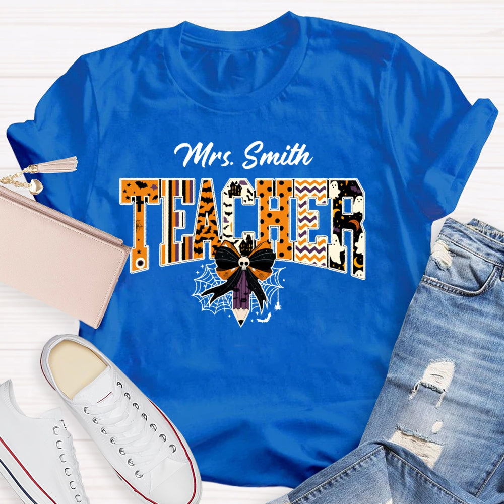 Personalized Name Teacher Halloween Bow Tie Pencil T-shirt