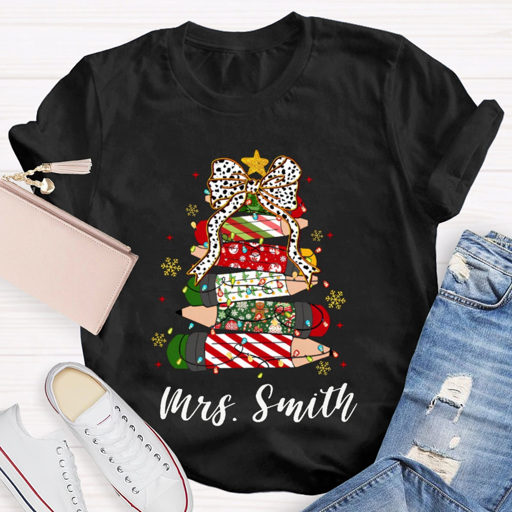 Personalized Name Bow And Christmas Tree Pencils T-shirt