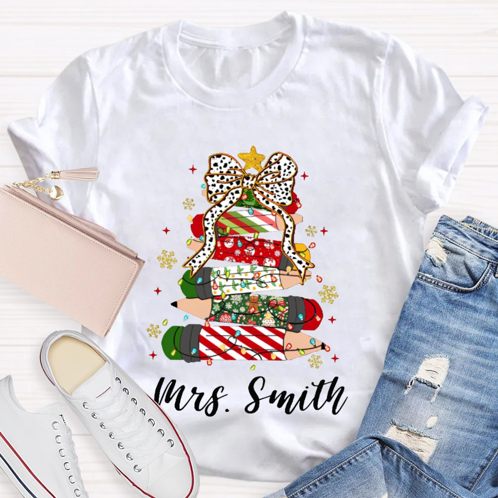 Personalized Name Bow And Christmas Tree Pencils T-shirt