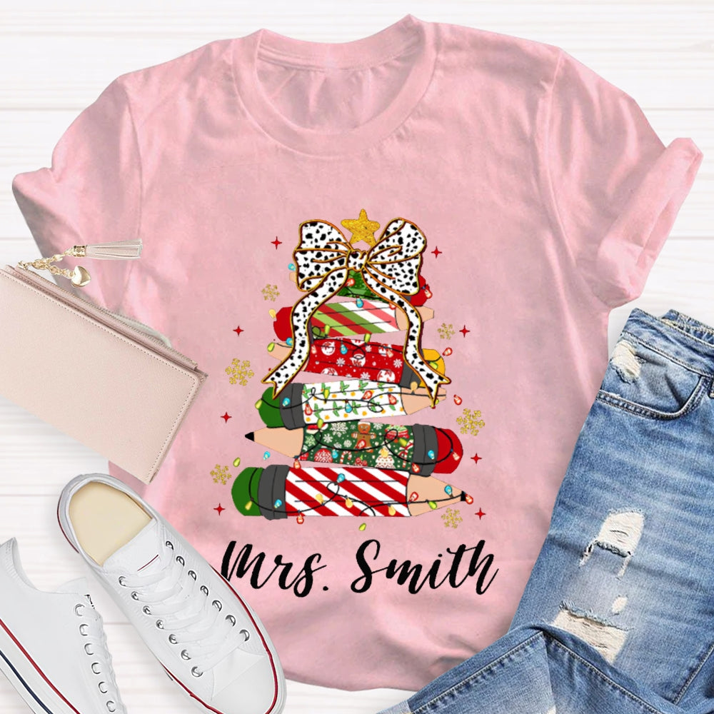 Personalized Name Bow And Christmas Tree Pencils T-shirt
