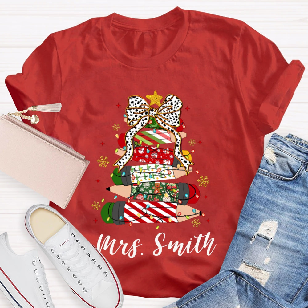 Personalized Name Bow And Christmas Tree Pencils T-shirt