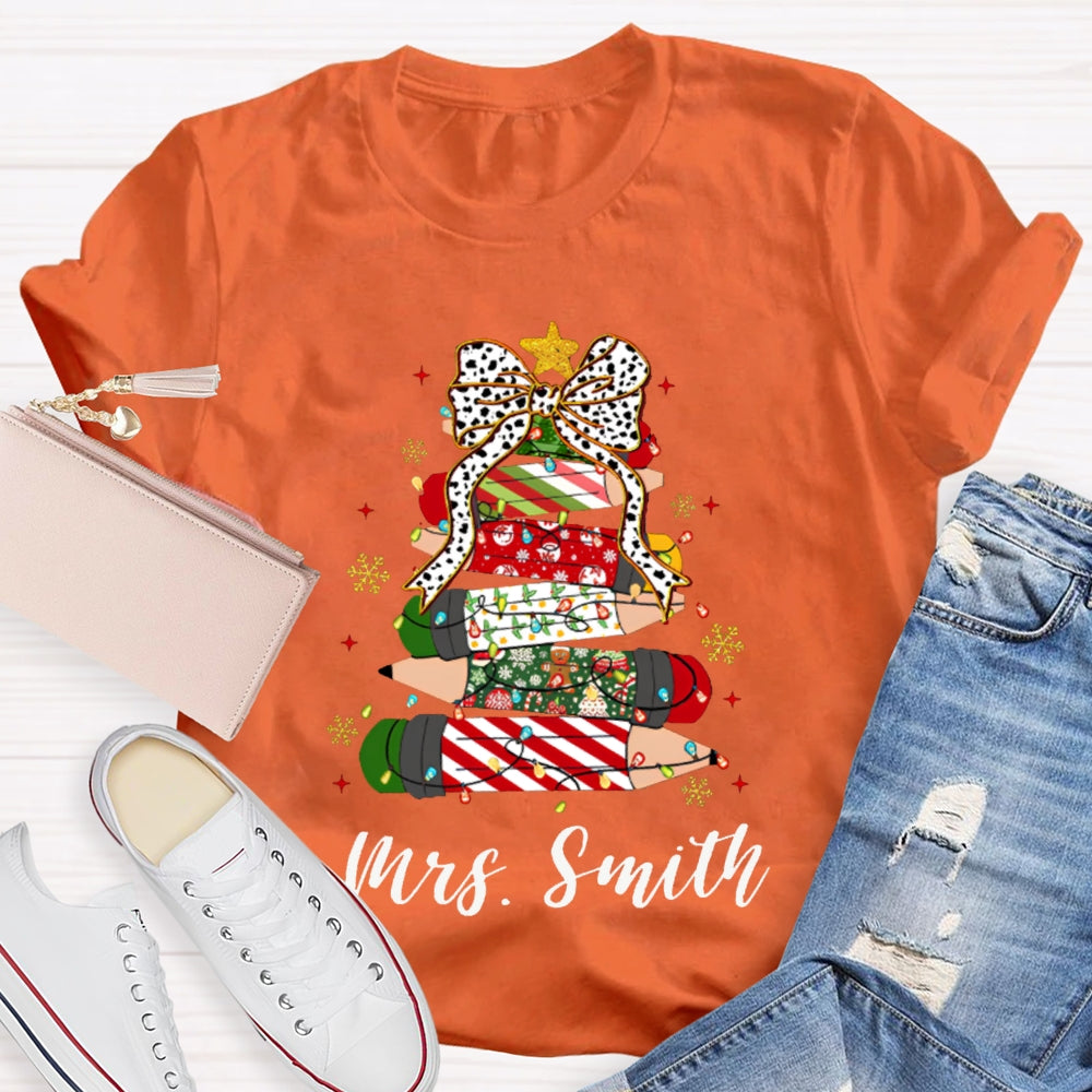 Personalized Name Bow And Christmas Tree Pencils T-shirt