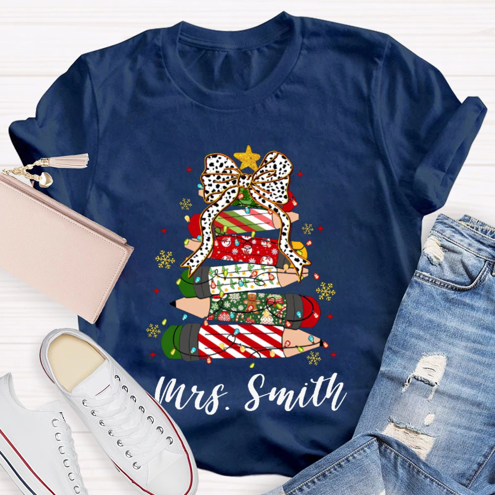 Personalized Name Bow And Christmas Tree Pencils T-shirt