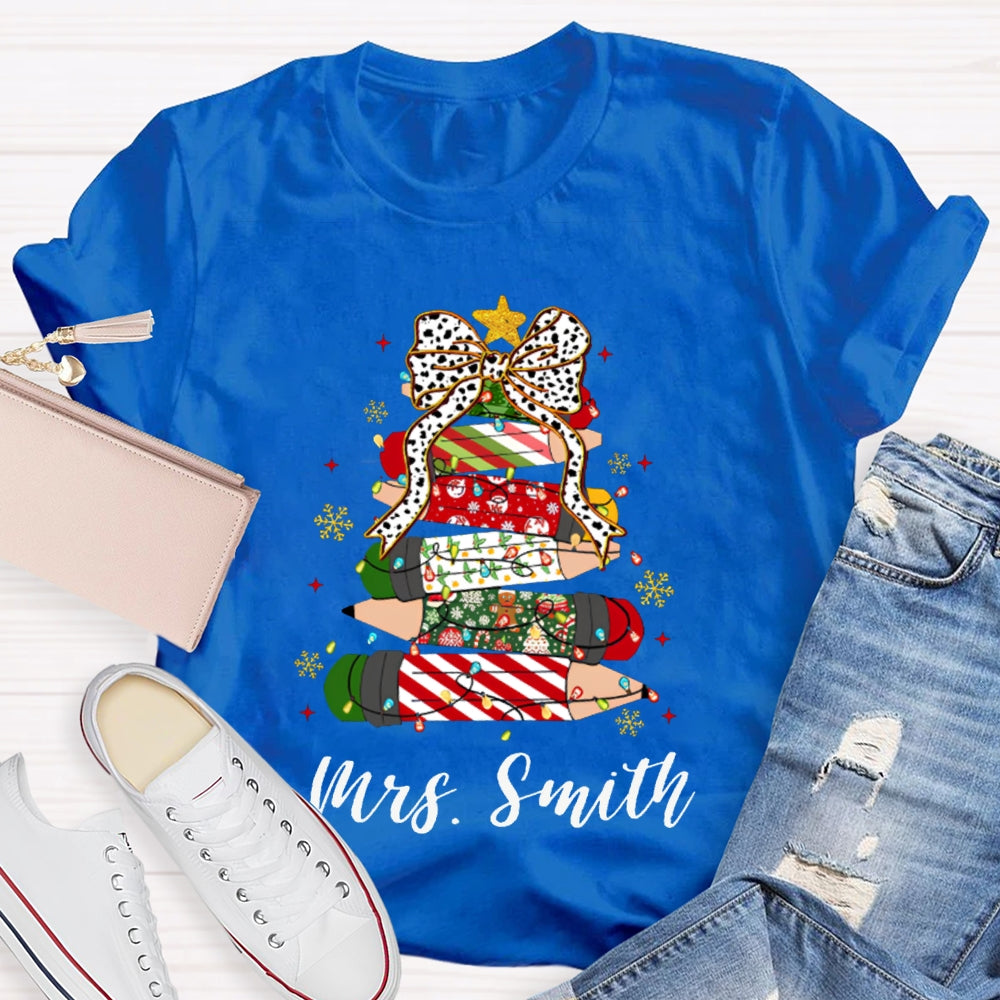 Personalized Name Bow And Christmas Tree Pencils T-shirt