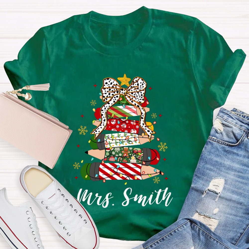 Personalized Name Bow And Christmas Tree Pencils T-shirt