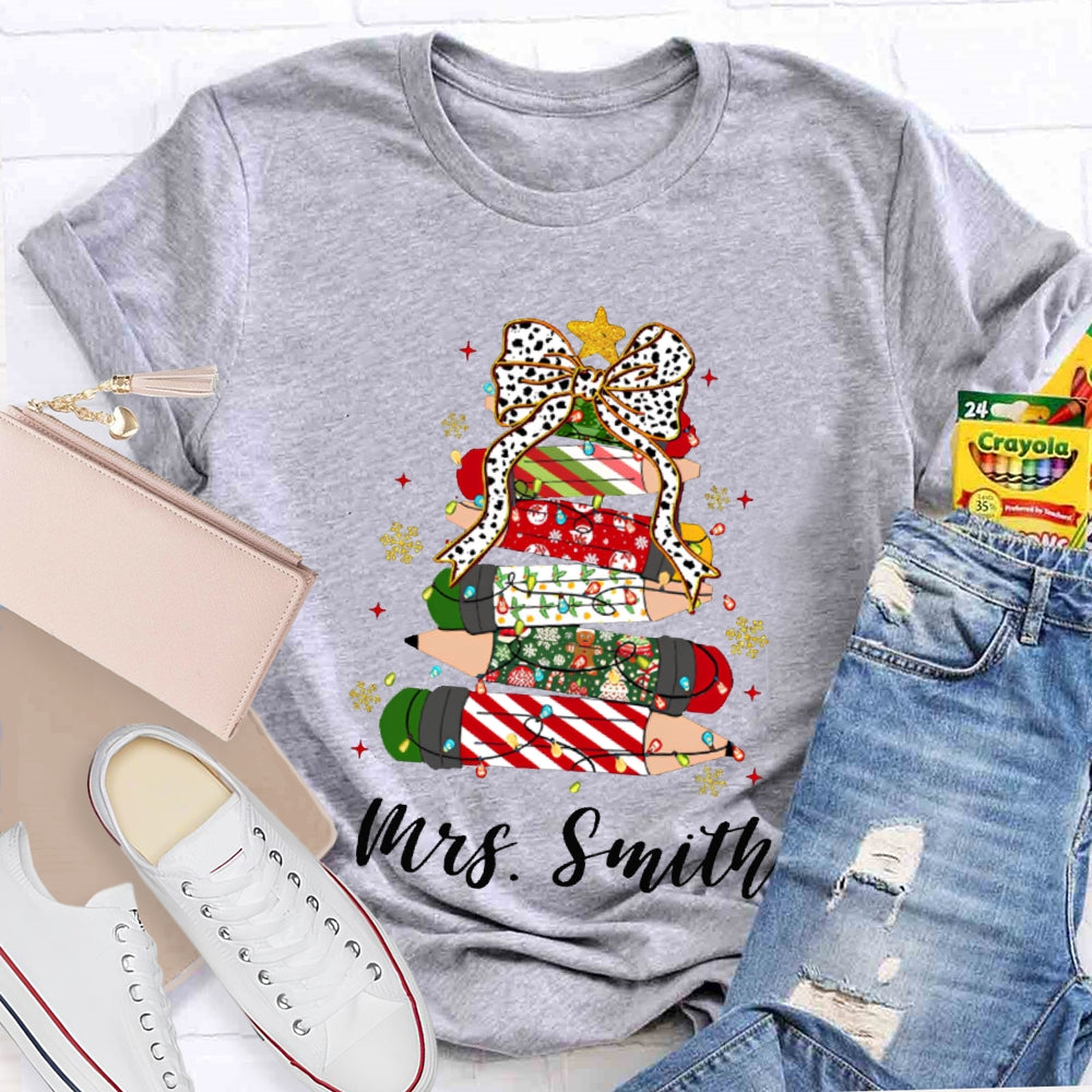 Personalized Name Bow And Christmas Tree Pencils T-shirt