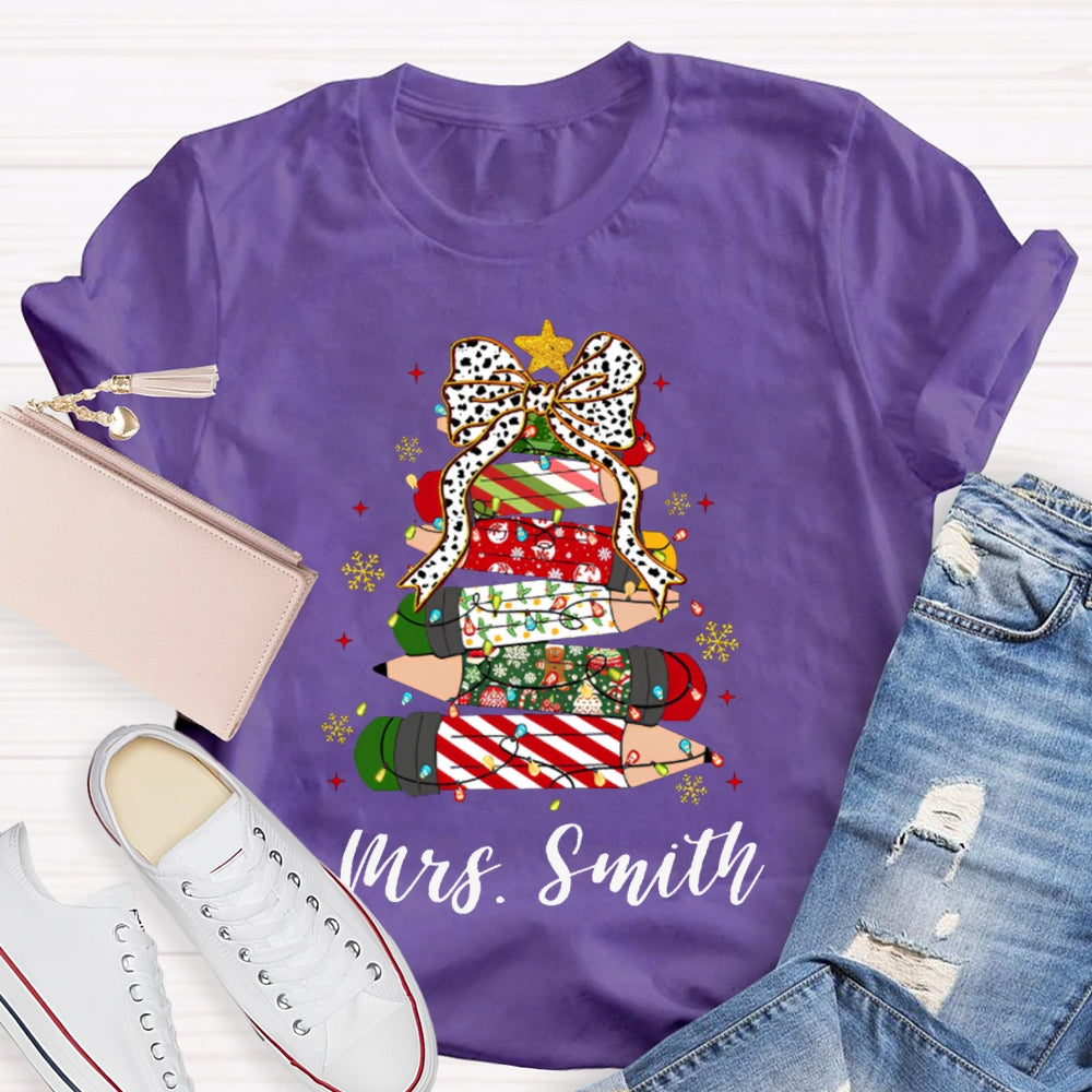 Personalized Name Bow And Christmas Tree Pencils T-shirt