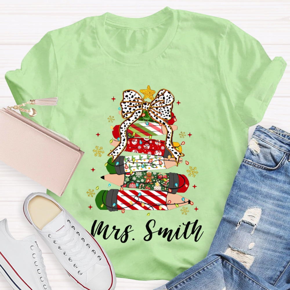 Personalized Name Bow And Christmas Tree Pencils T-shirt