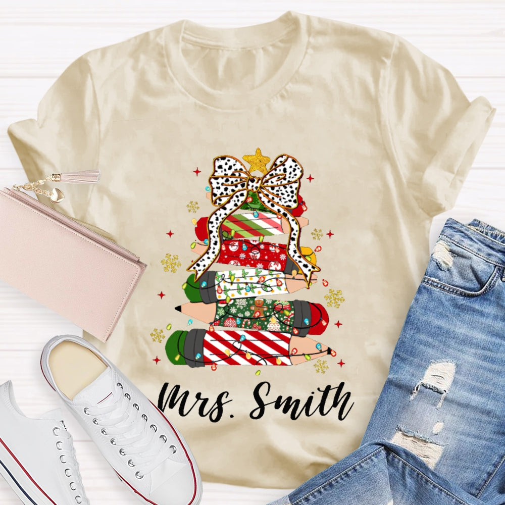 Personalized Name Bow And Christmas Tree Pencils T-shirt