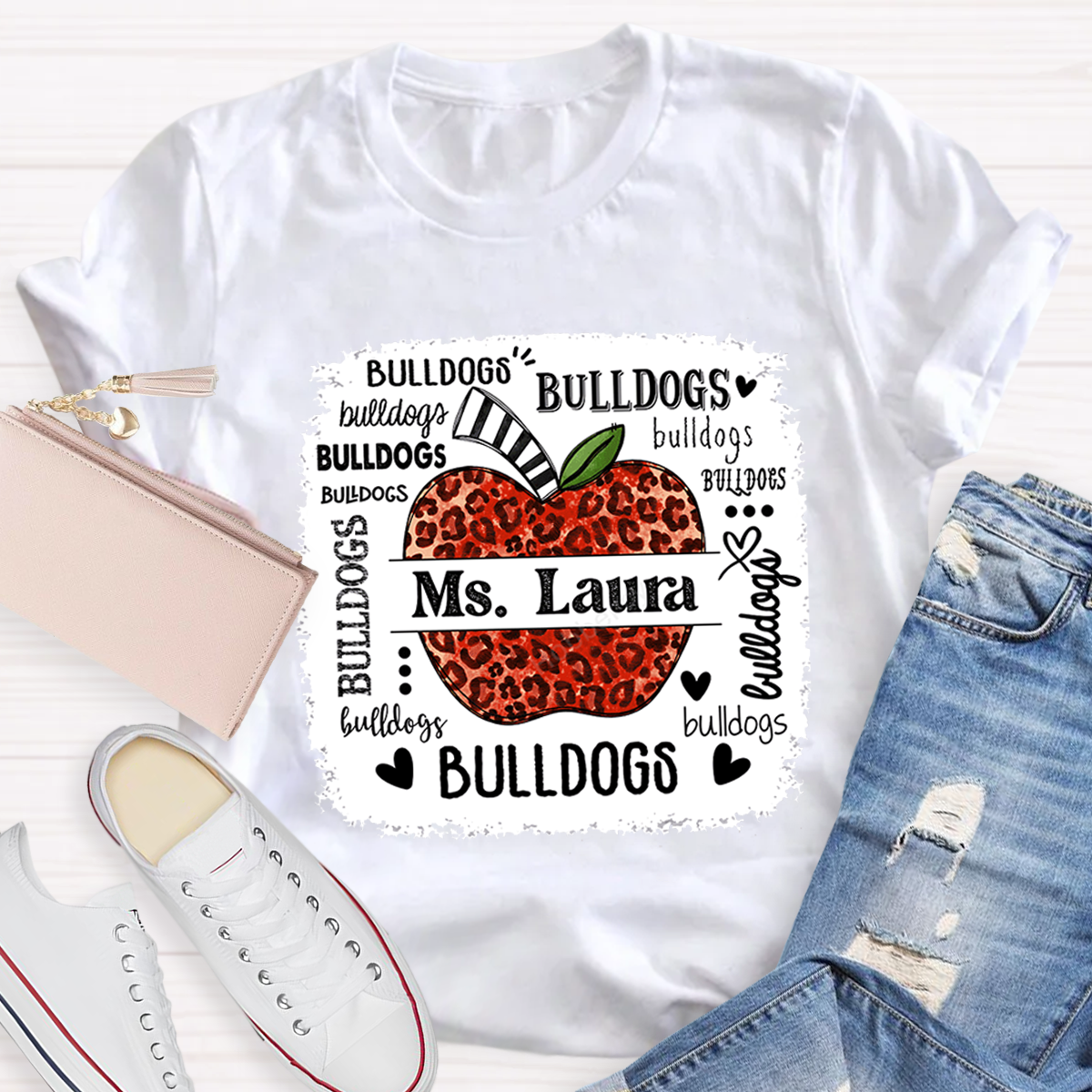 Personalized School Mascot Leopard Apple Teacher T-Shirt