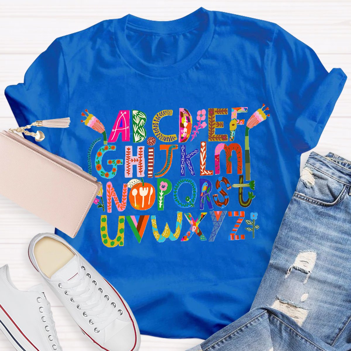 Artistic Design Cute Alphabet Print Teacher T-Shirt