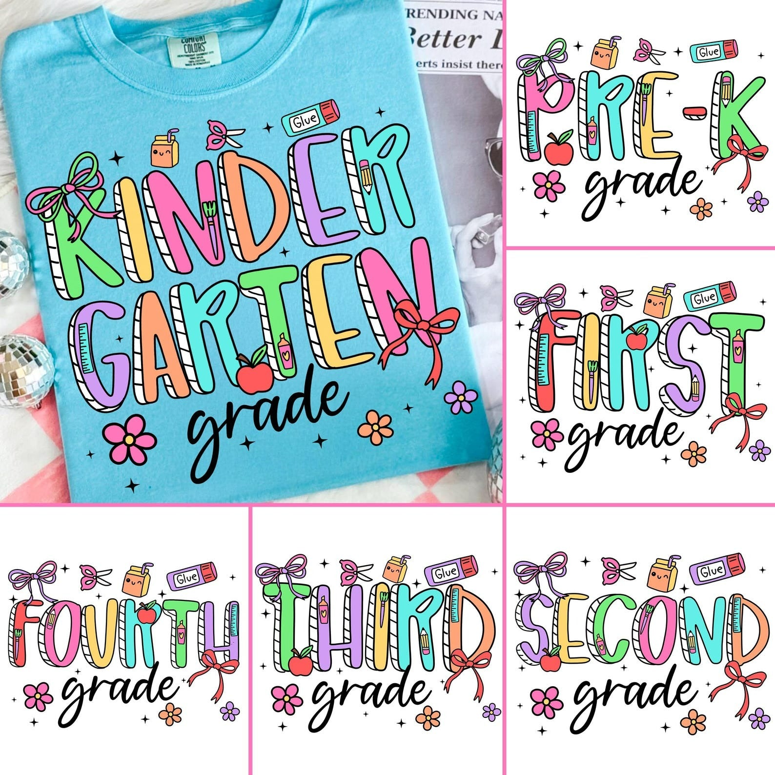 Personalized Grade Kindergarten Bow And Flowers T-shirt