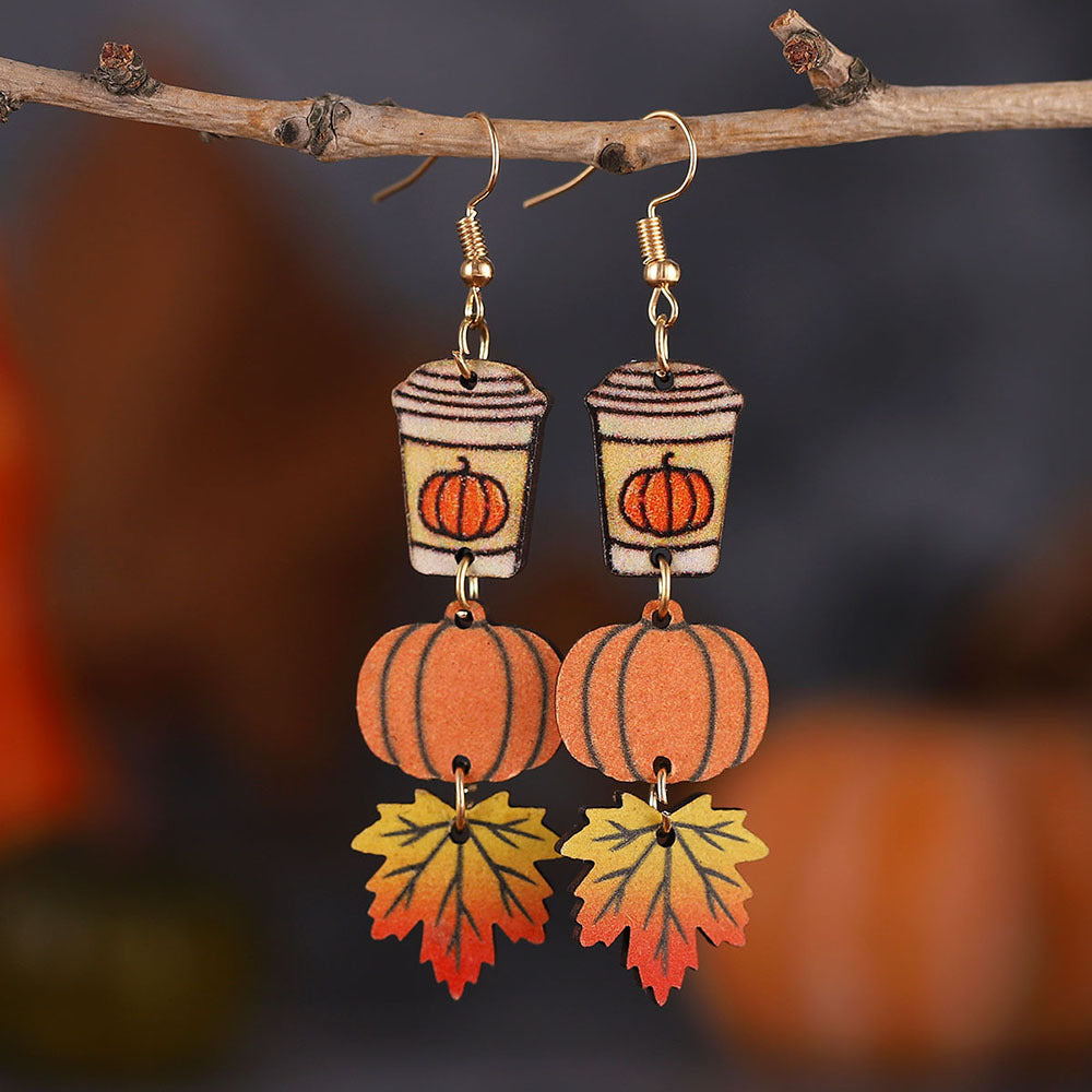 Pumpkin Maple Leaf Coffee Cup Earrings