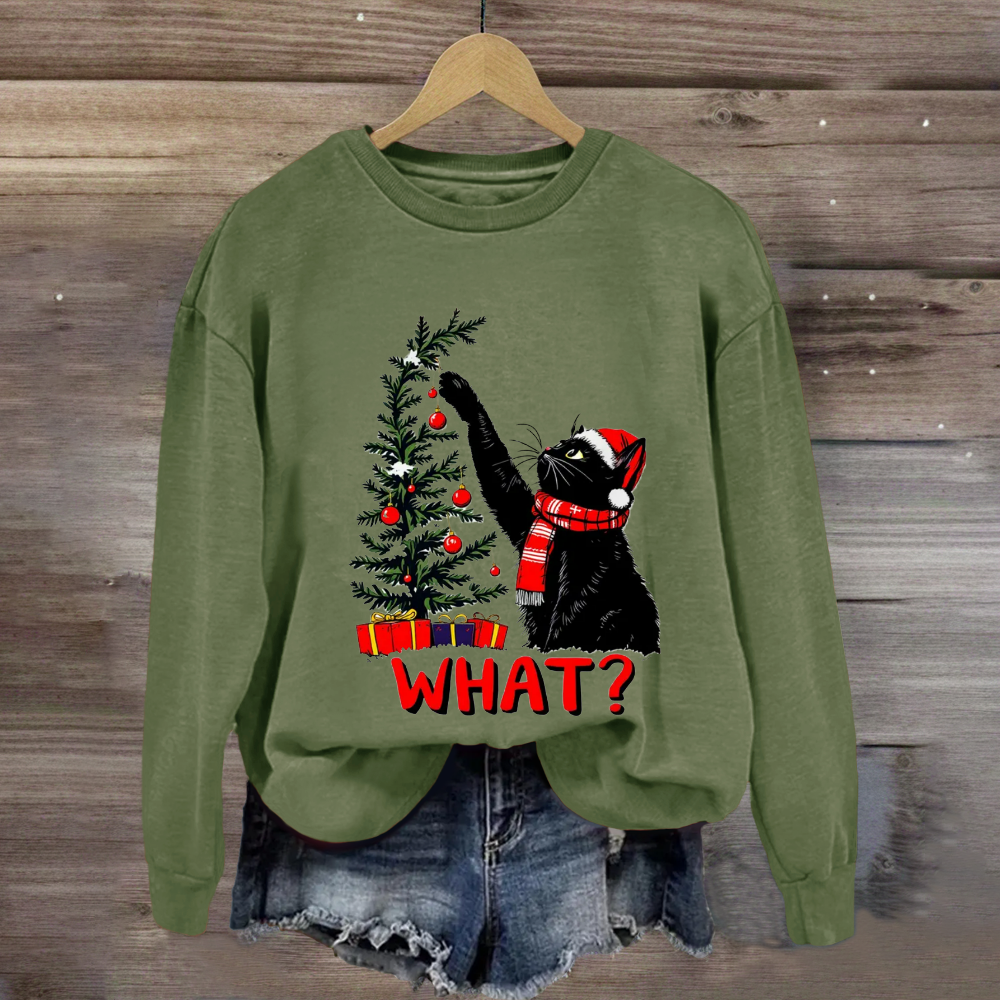 Black Cat Pushing Christmas Tree Sweatshirt