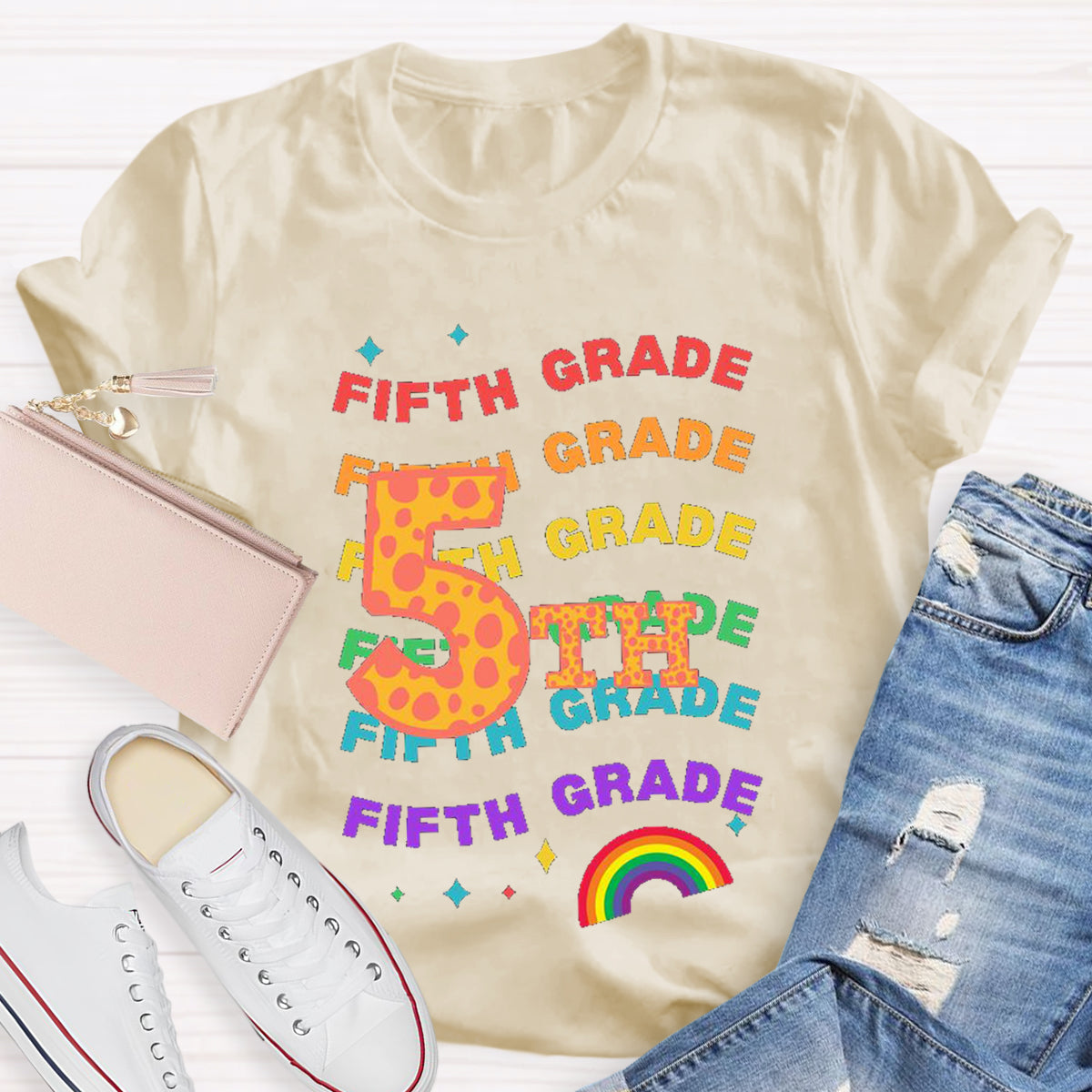 Personalized Grade Rainbow Teacher T-Shirt