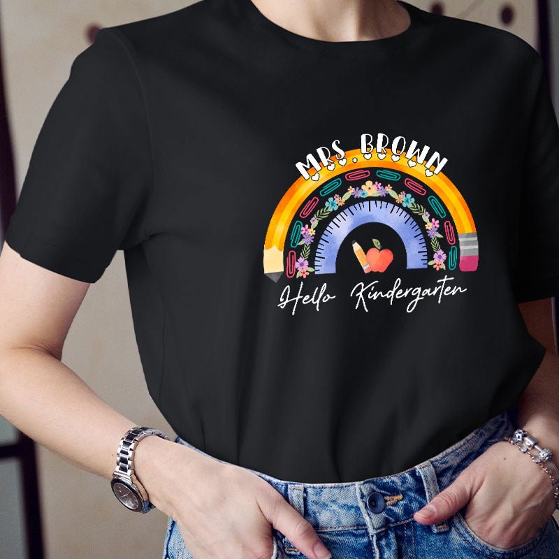 Personalized Name And Grade Ruler Pencil Apple Rainbow Teacher T-Shirt