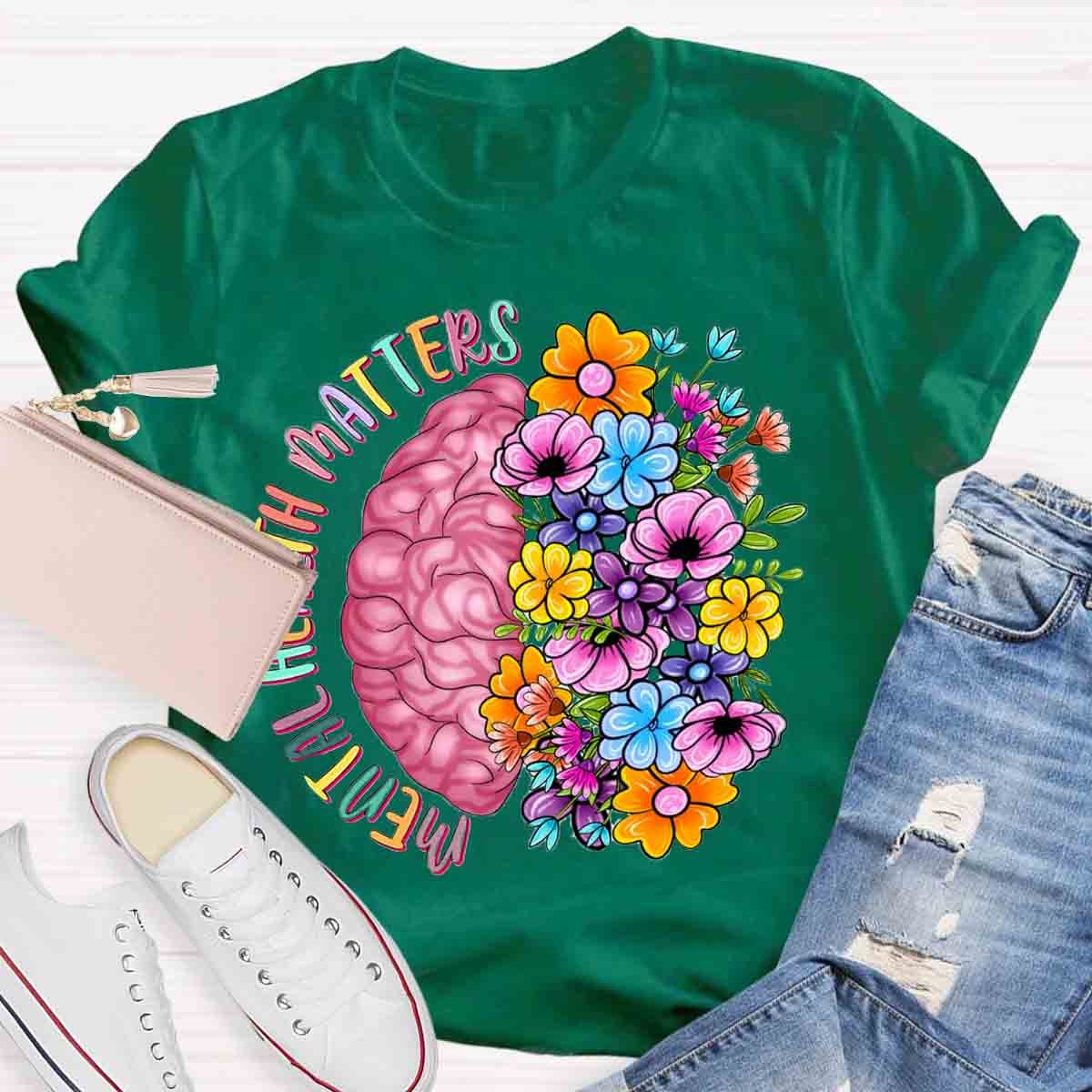 Mental Health Matters Half Brain Half Floral Skull T-Shirt