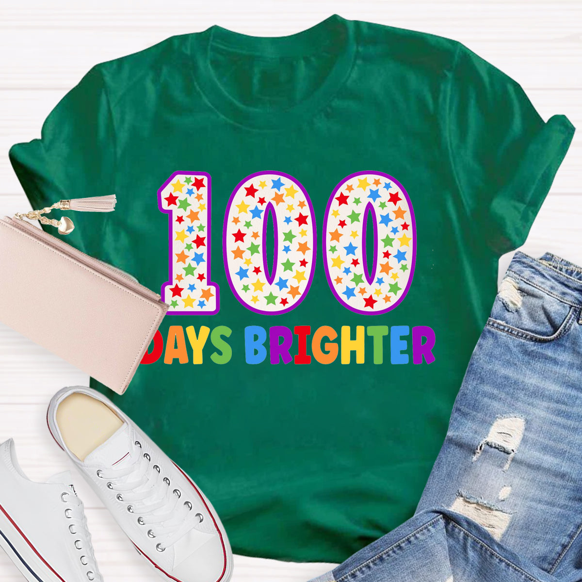 100 Days Brighter Colorful Letter Teacher T-Shirt