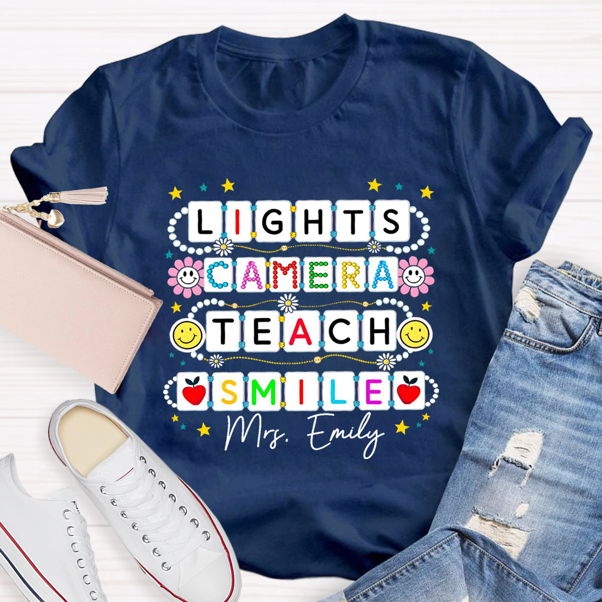 Personalized Name Lights Camera Teach Smile Teacher T-Shirt