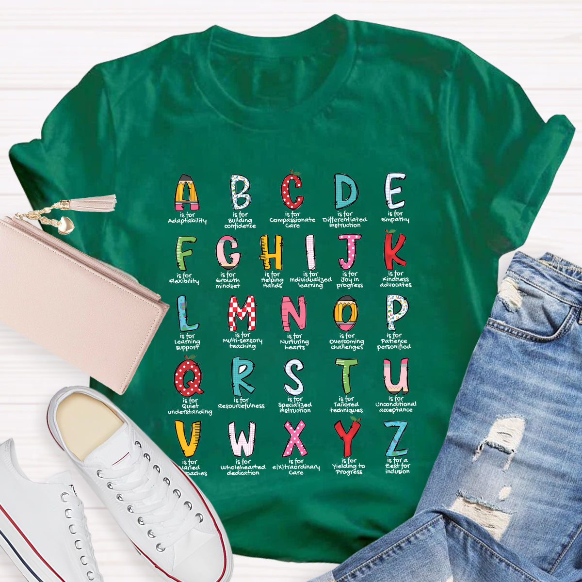 Colorful Plaid Design Alphabet Teacher T-Shirt