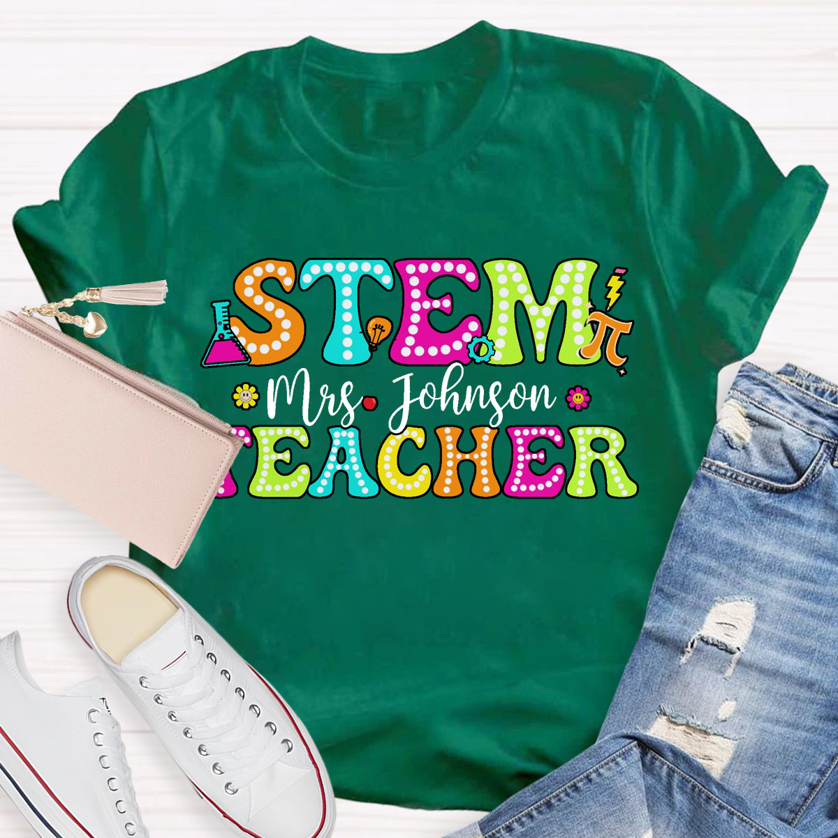 Personalized Name STEM Teachers Colorful Printed T-Shirt