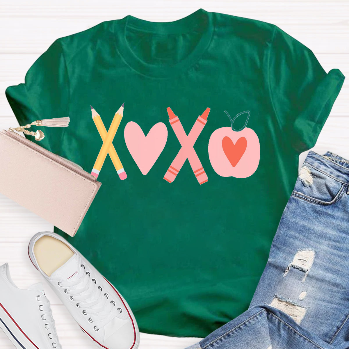 Valentine's Day Pencil Crayon Apple Teacher T-Shirt