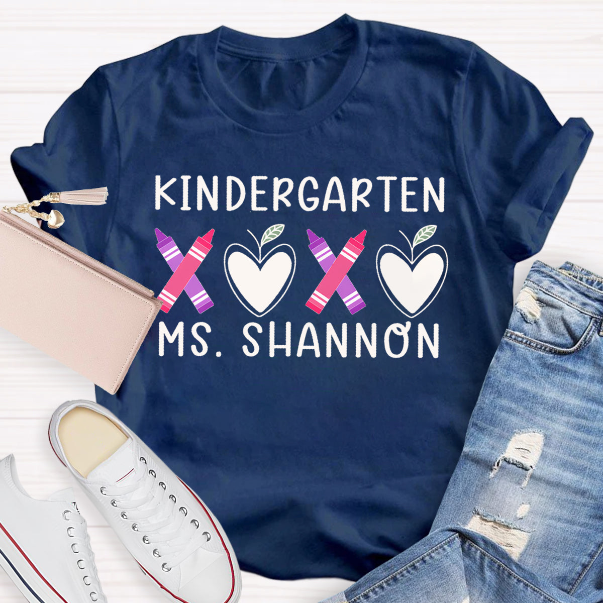 Personalized Grade And Name Pink Heart Crayon Teacher T-Shirt