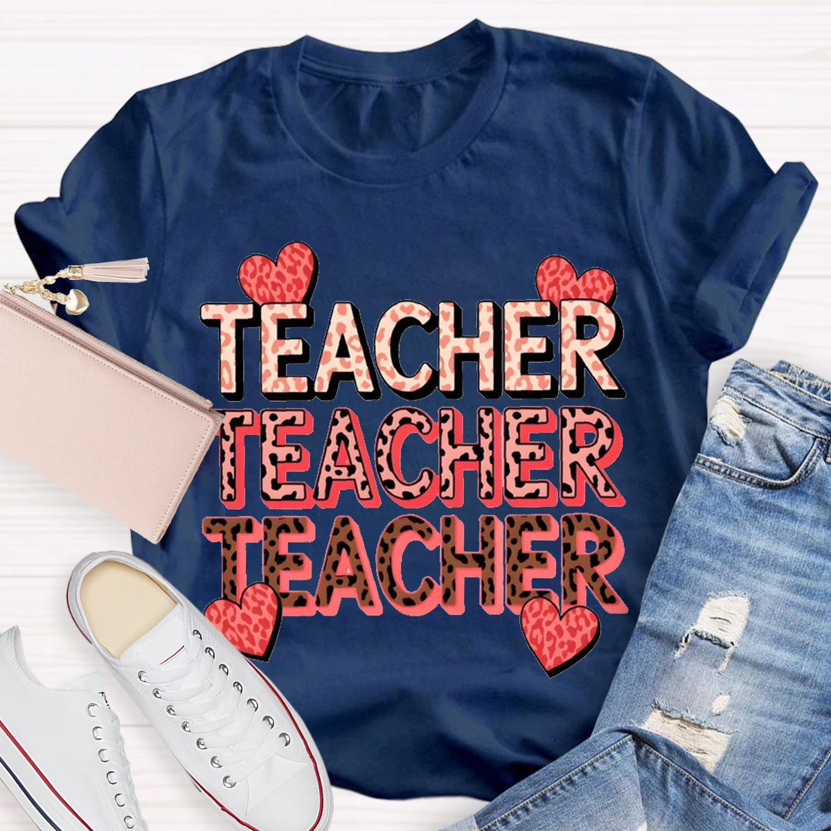 Pink Heart Valentine's Day Teacher T-Shirt