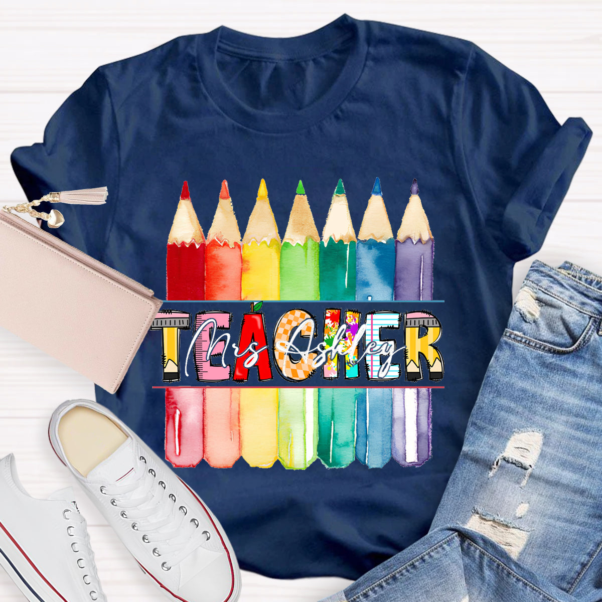 Personalized Teacher's Name Colorful Pencil T-Shirt