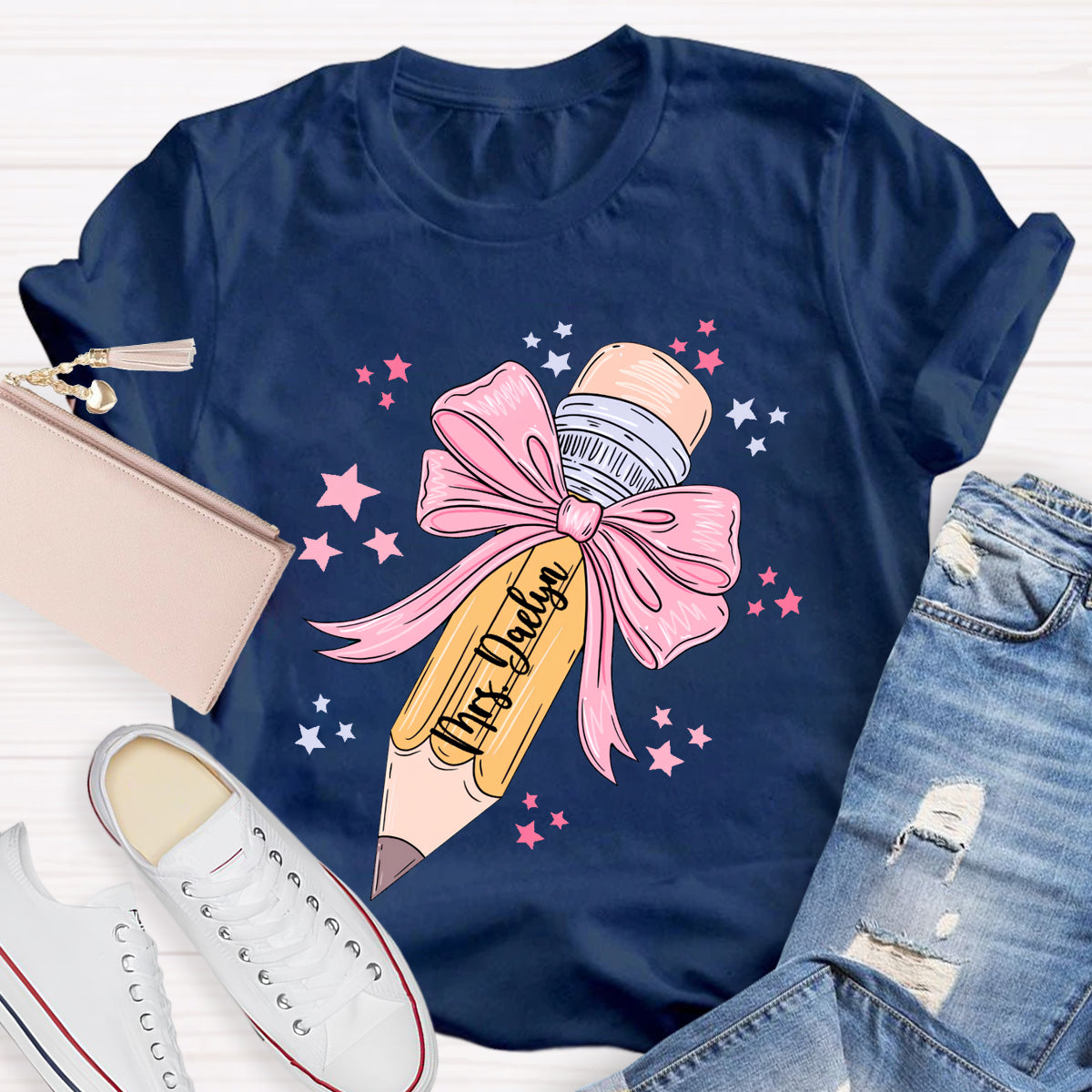 Personalized Name Pink Pencil Teacher T-Shirt