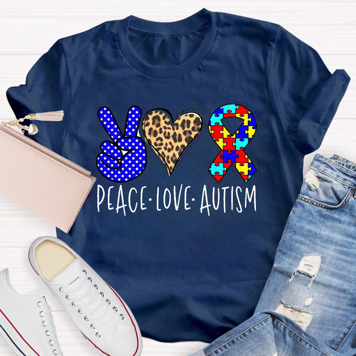 Peace love Autism Leopard Heart T-Shirt