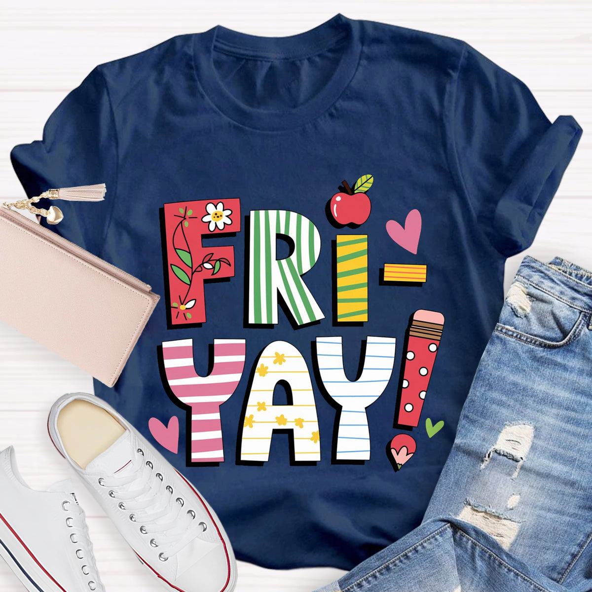 Fri-yay Floral Apple Pencil Teacher T-Shirt