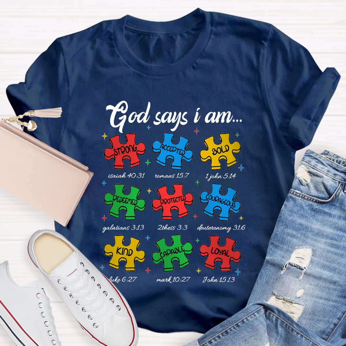 God Says I am Strong Puzzle Pieces Autism T-Shirt