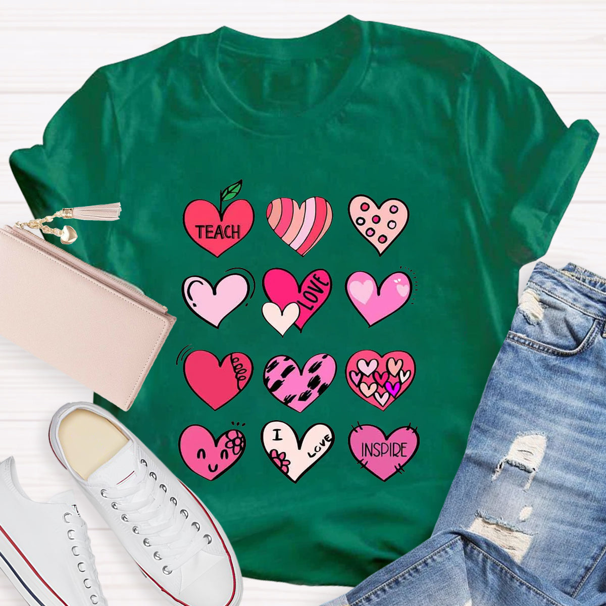 Cartoon Hearts Teach Love Inspire Teacher T-Shirt